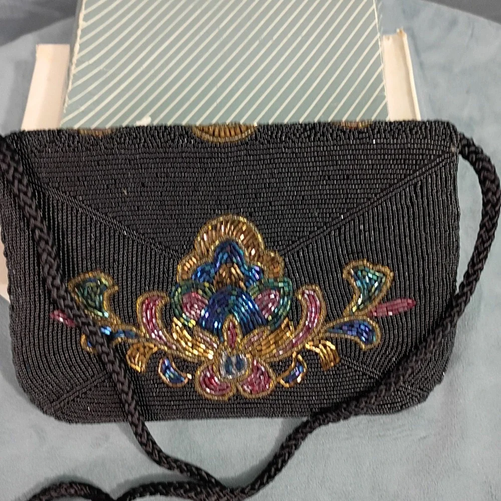 Lillian Vernon Vintage Beaded Evening Bag Black Floral Crossbody Clutch LV6751